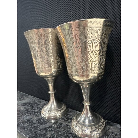 Vintage Silver-Plated Brass  Goblets Set Of 2 With Floral Etched - Picture 3 of 11